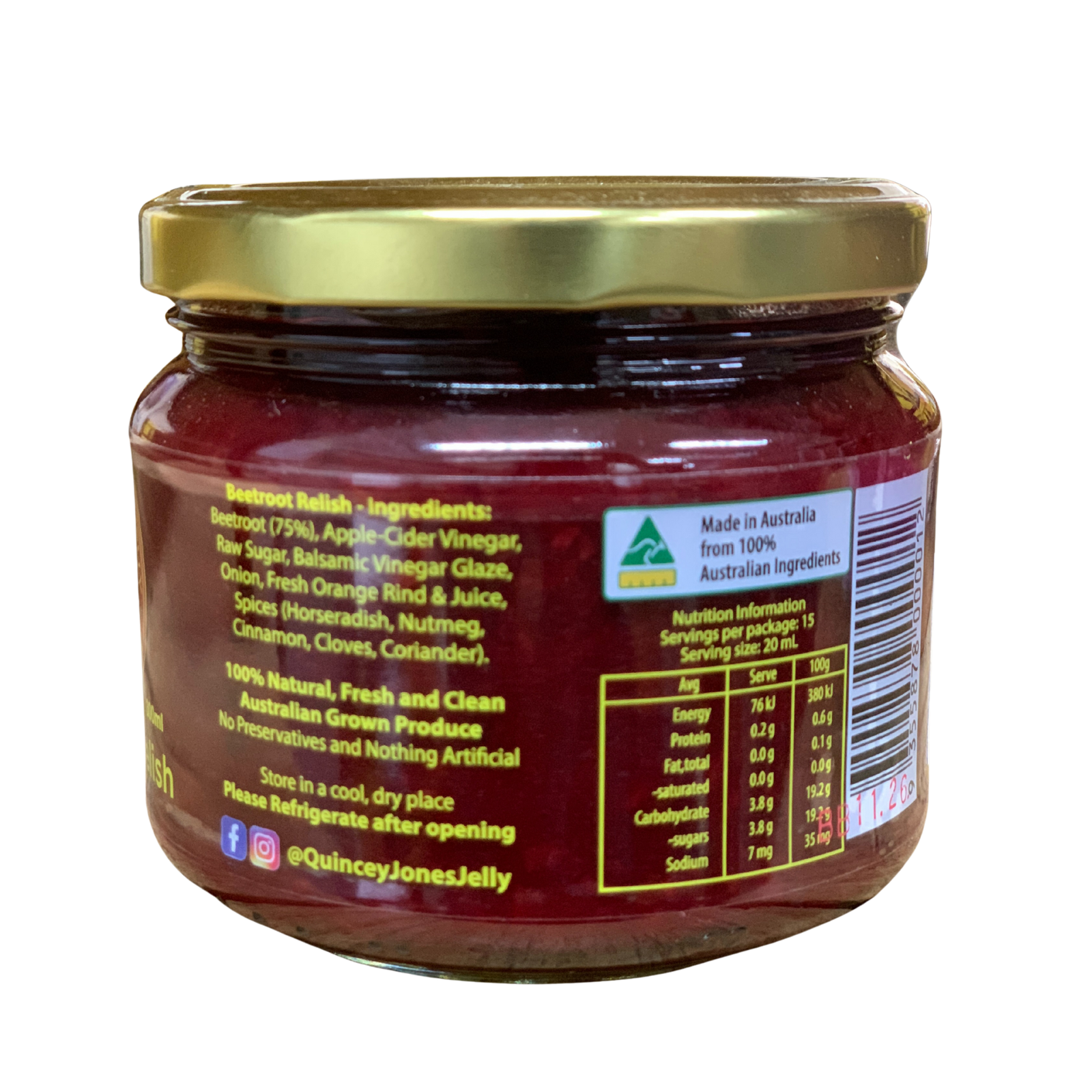 Quincey Jones 300ml Beetroot Relish. Jar of jelly with a gold lid, showing nutritional information and ingredients on a white background.