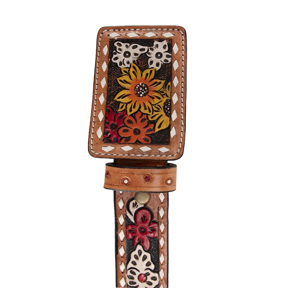 A hand-tooled leather belt with a decorative floral buckle. The belt strap and buckle feature intricate hand-carved floral and geometric patterns in tan, brown, black, red, and white, set against a plain white background.