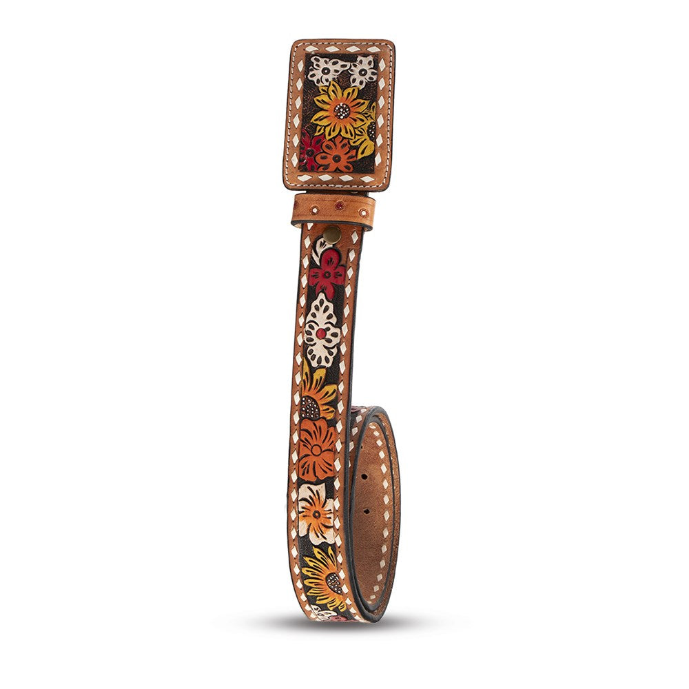 A decorative leather belt with a rectangular buckle, featuring a multicolor floral pattern in orange, yellow, red, and white on a dark background, with tan leather trim and white stitching.