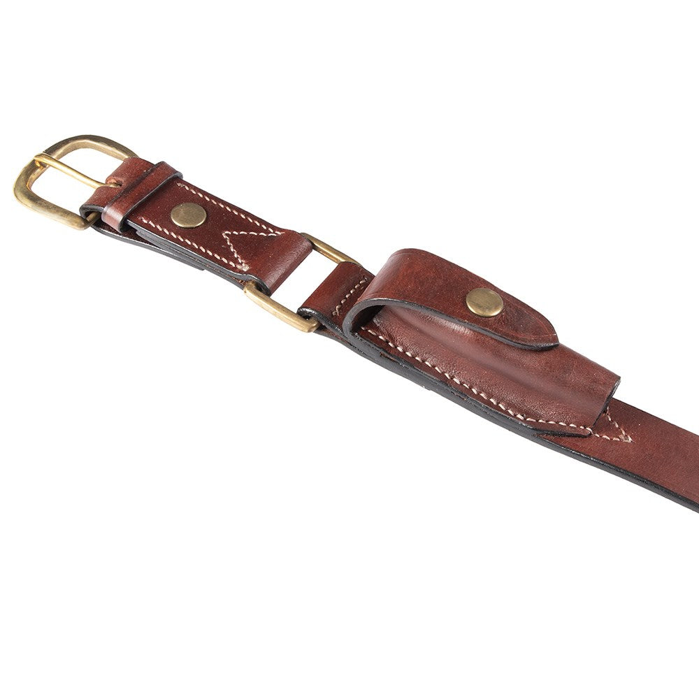 Men's Ord River Knife Pouch Belt. Brown leather belt with gold buckle on a white background