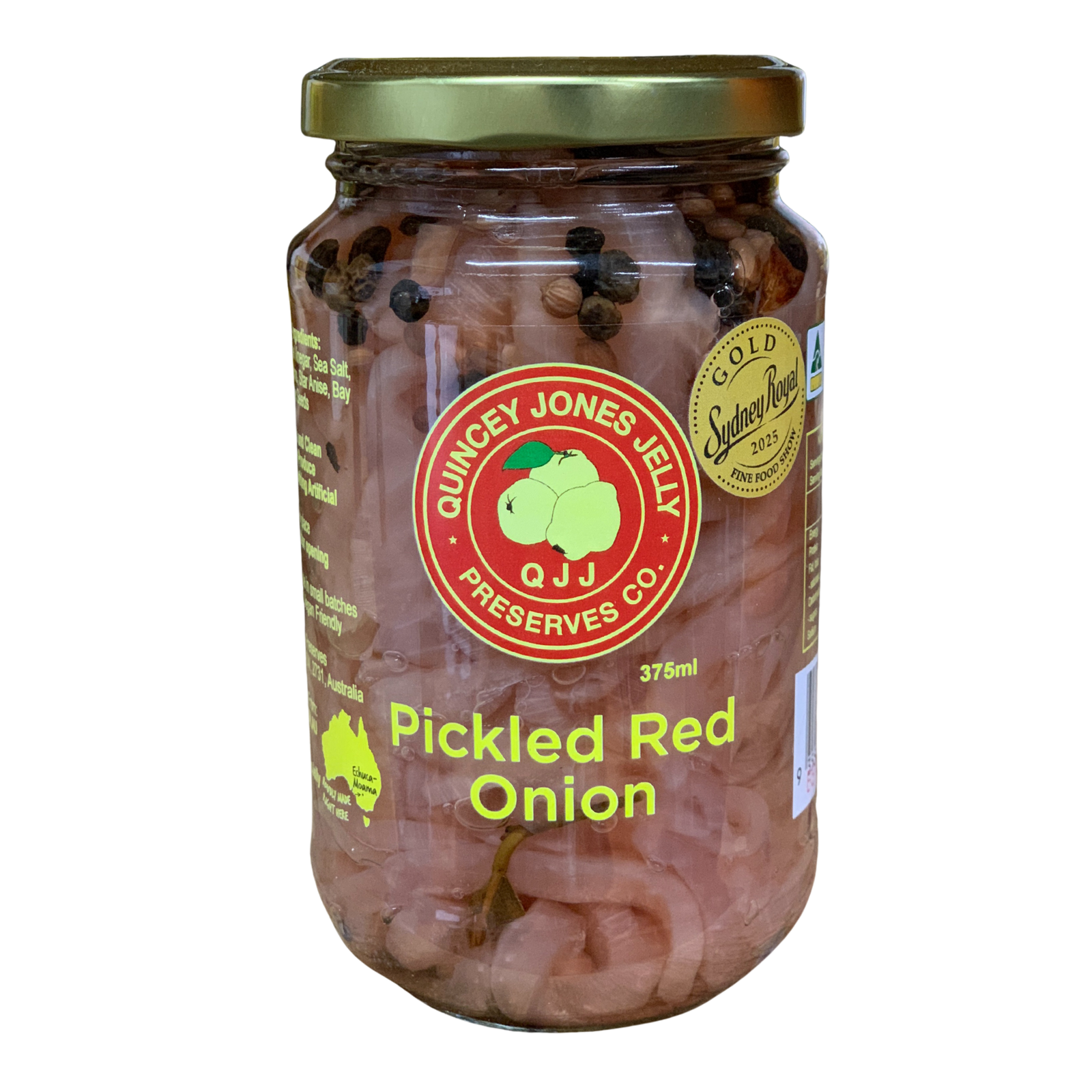 Quincey Jones 375ml Pickled Red Onion. Jar of Quincey Jones Jelly Pickled Red Onion on a white background
