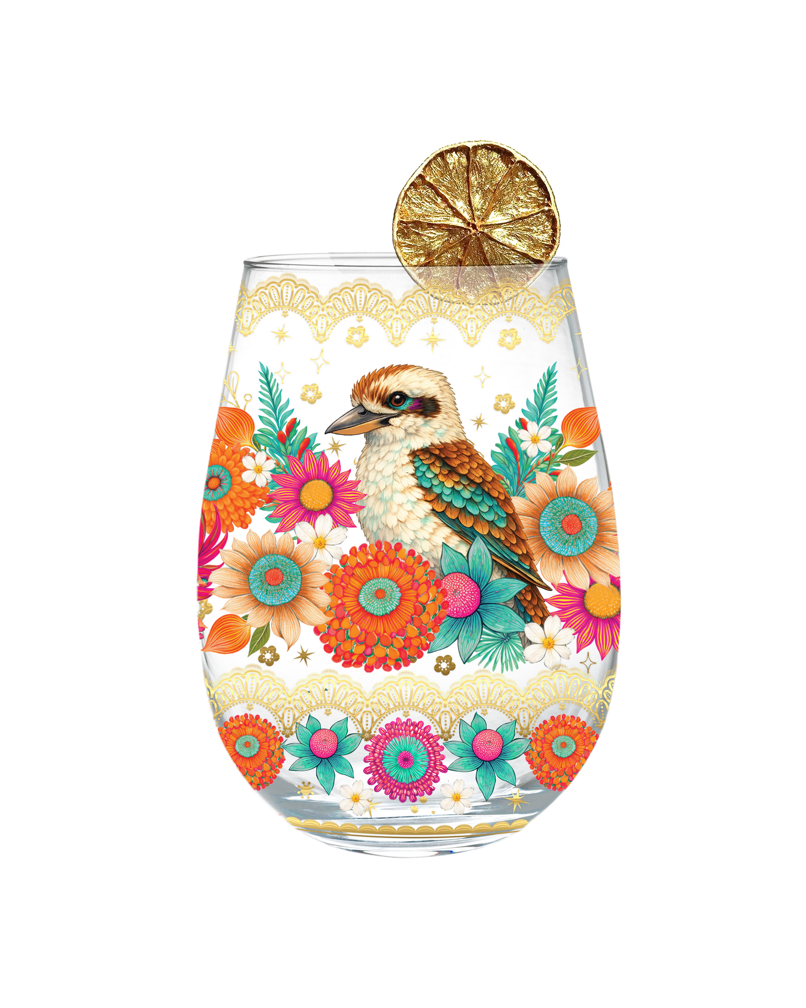 A stemless wine glass decorated with a colorful kookaburra bird and floral pattern, shown on a white background with a dried lime garnish.