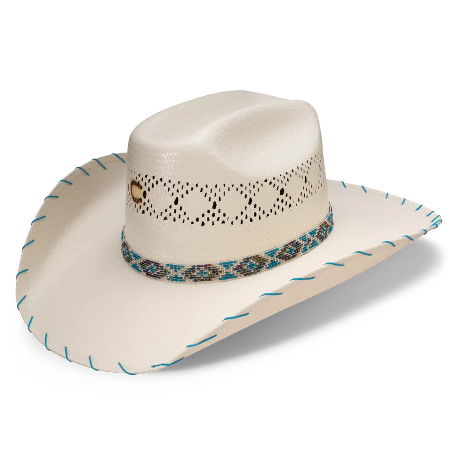 Charlie 1 Horse Apache Jr Straw Hat. A youth-sized beige Charlie 1 Horse Apache Jr straw hat with a cattleman's crown and a 4-inch brim. It features a beaded hatband with a diamondback pattern, blue whip stitching on the brim, and a brand logo on the front.