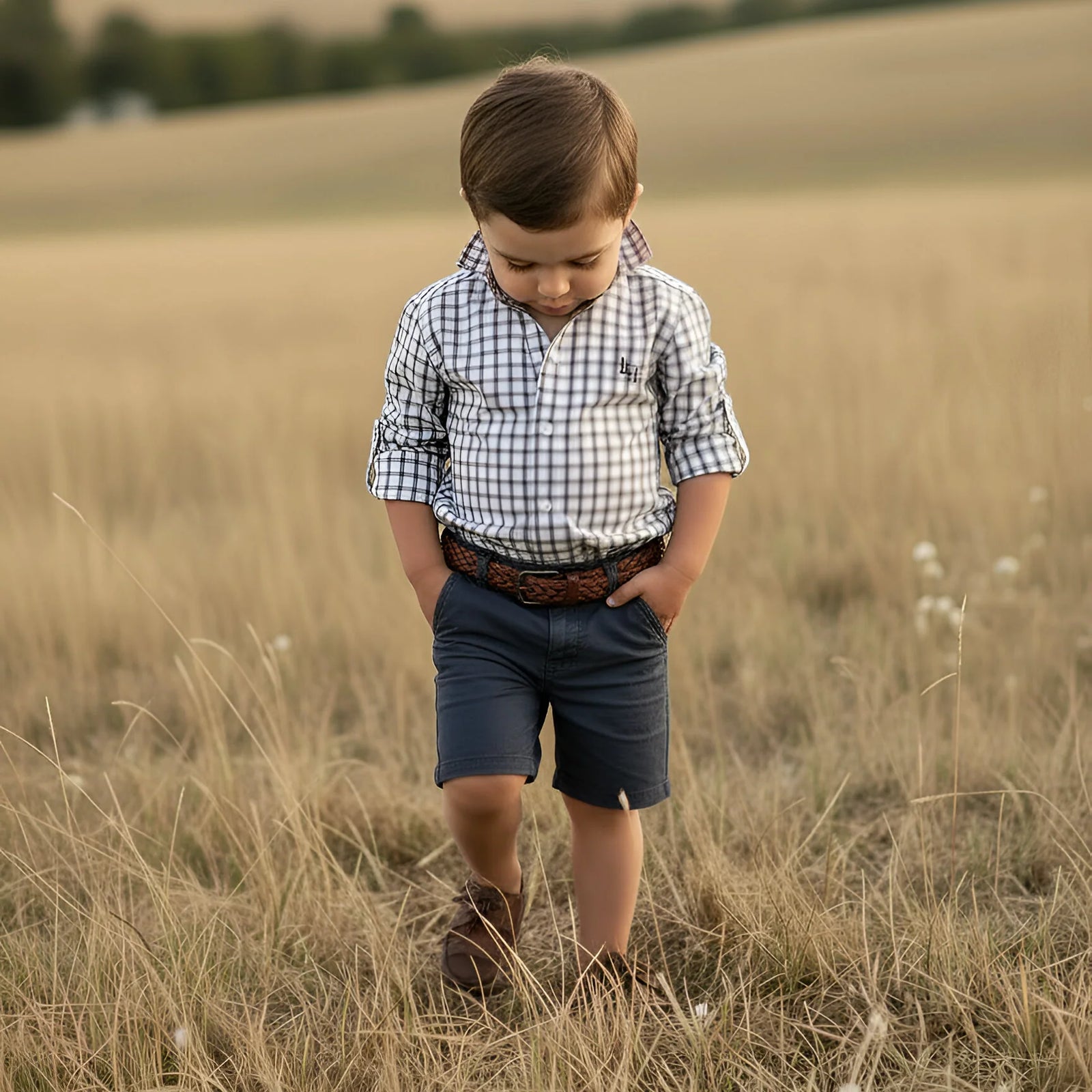 A young boy walking through a dry grass field, wearing a black and white gingham long-sleeve shirt, navy blue shorts, a brown patterned belt, and brown shoes.