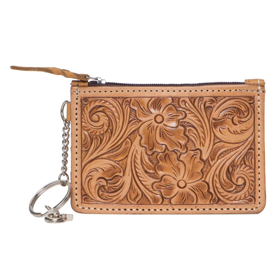 Tooling Tan Leather Key/ Card Case. Brown leather wallet with floral patterns and keychain on a white background