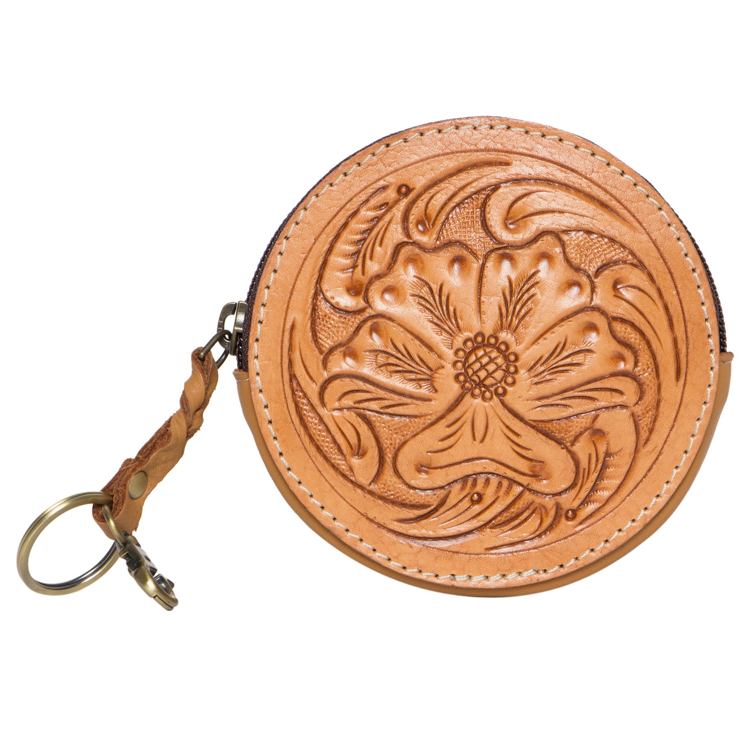 Tooling Tan Leather Round Purse. Round leather coin purse with floral embossing on a white background