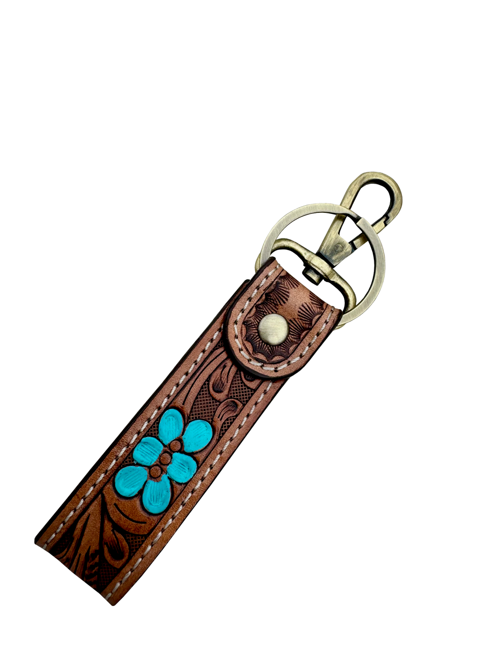 Tooling Leather and Cowhide Sleek Keyring. Brown leather keychain with turquoise flower design on a white background