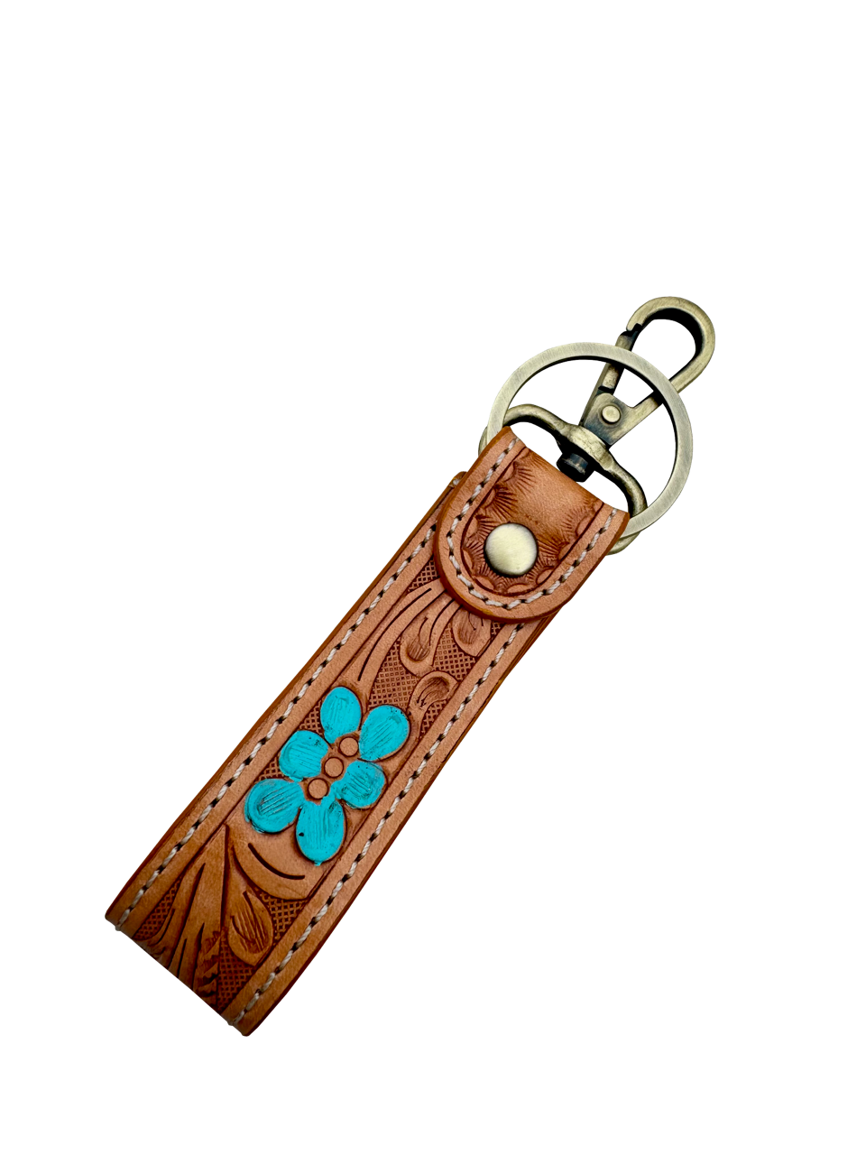 Tooling Leather and Cowhide Sleek Keyring. Brown leather key fob with turquoise flower design on a white background