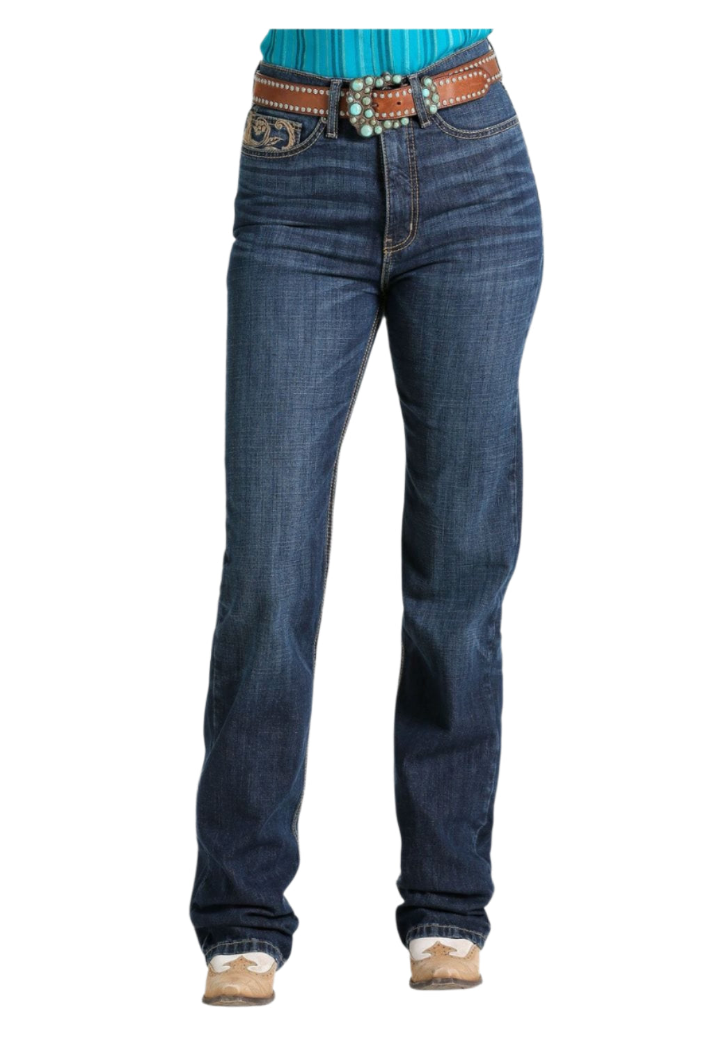 Cruel Denim Women's Skylar Sky-High Jean. A pair of women's blue denim jeans with a high waist, 5 pocket design, and boot cut leg, featuring decorative embroidery on the back pockets.