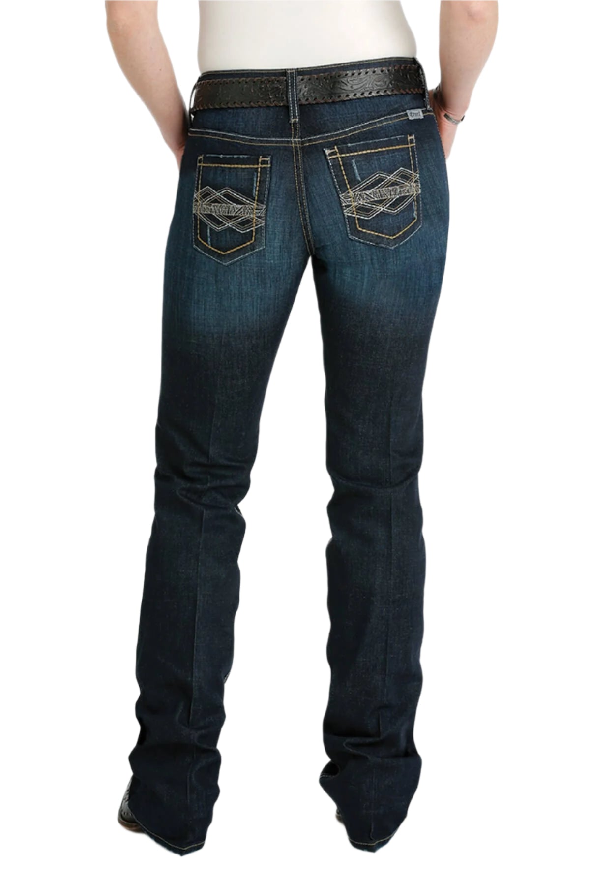 Cruel Denim Women's Hannah Slim Fit Jean. A pair of women's slim fit blue denim jeans with a boot cut, featuring detailed stitching and a mid-rise waist.