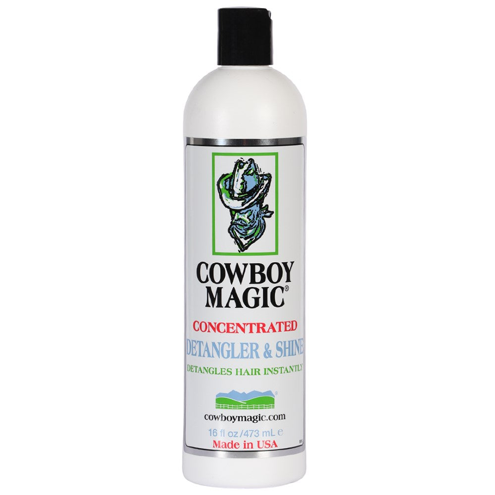 A bottle of Cowboy Magic Detangler & Shine with label detailing product use for detangling and adding shine to hair.
