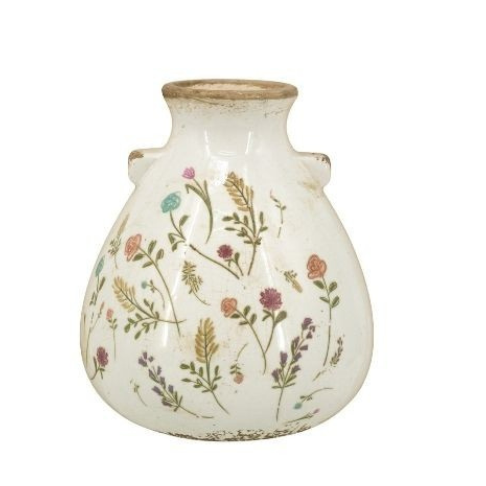 A small vintage-style ceramic vase with a rounded body, narrow neck, and two side handles, decorated with a hand-painted botanical pattern of flowers and leaves on an off-white glaze.