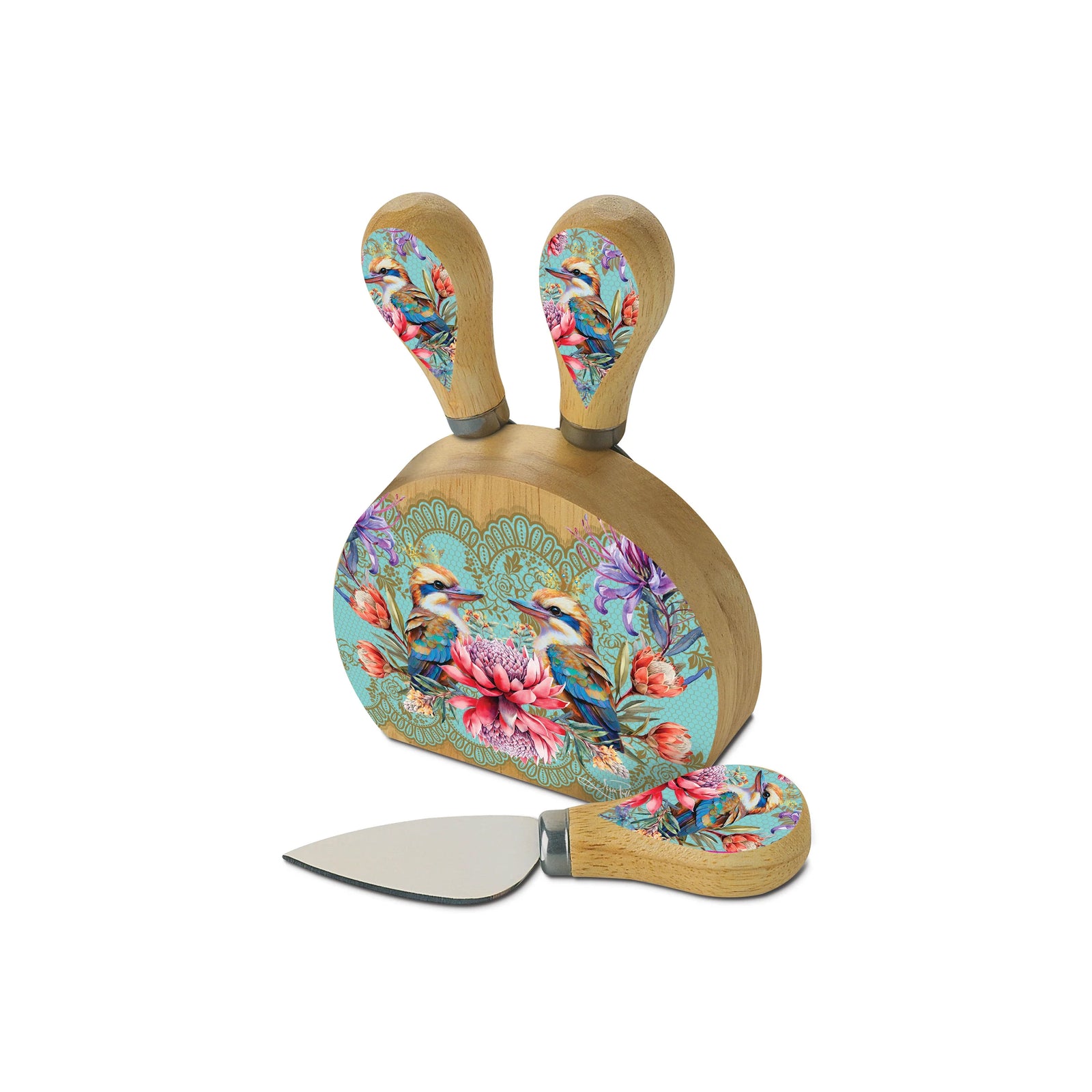 Lisa Pollock Vintage Kookas Knife Block. Decorative cheese board set with floral and bird design on a white background