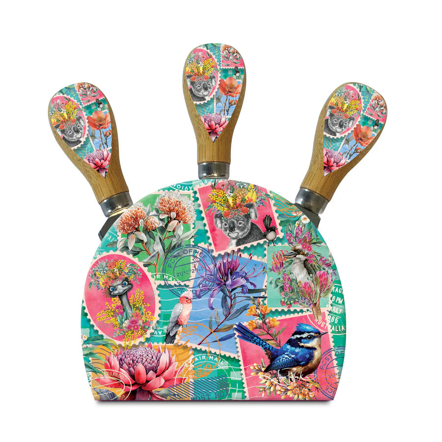 Lisa Pollock Pretty Postage Block. Colorful paddle with floral and animal design on a white background