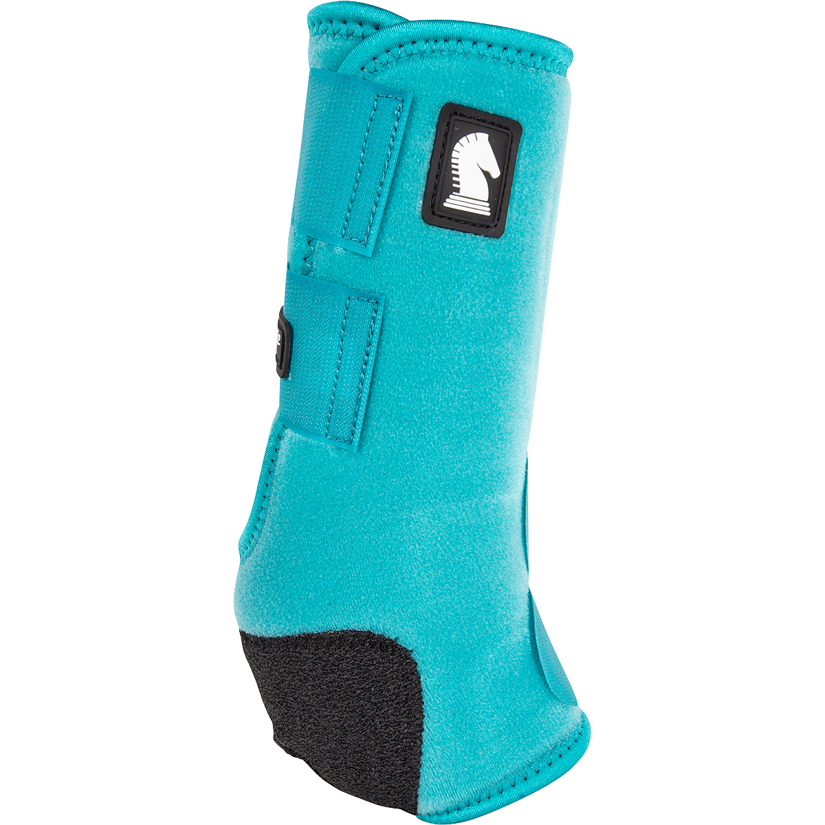 Classic Equine Legacy2 Front Boots. A turquoise Classic Equine Legacy2 front boot for horses, featuring a hook-and-loop closure and a protective pad over the tendon.