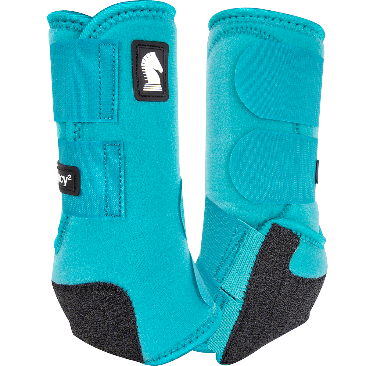 Classic Equine Legacy2 Aqua Front Support Boots. Turquoise protective horse boots with black accents on a white background