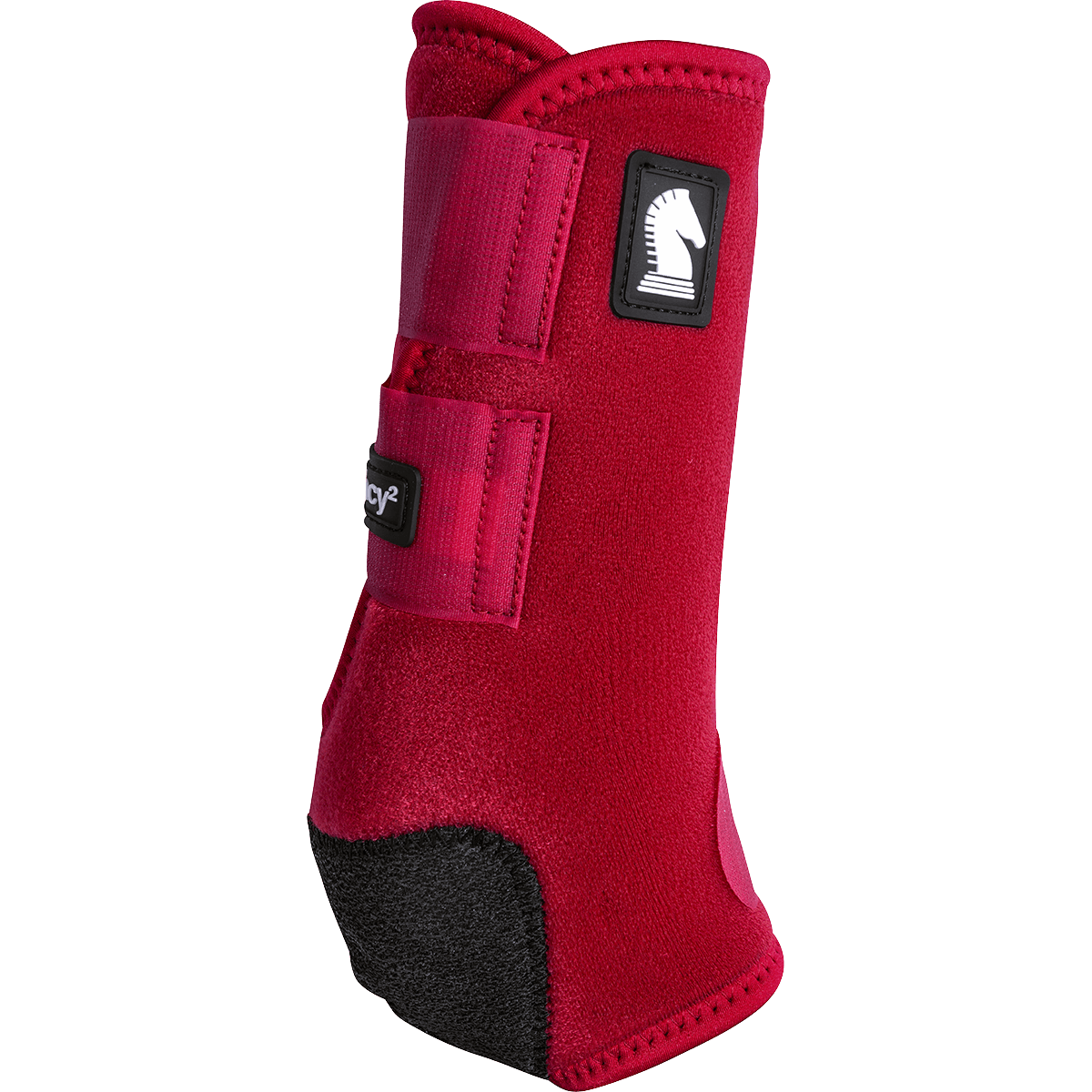 Classic Equine Legacy2 Front Boots. A crimson Classic Equine Legacy2 front boot for horses, featuring a hook-and-loop closure and a protective pad over the tendon.