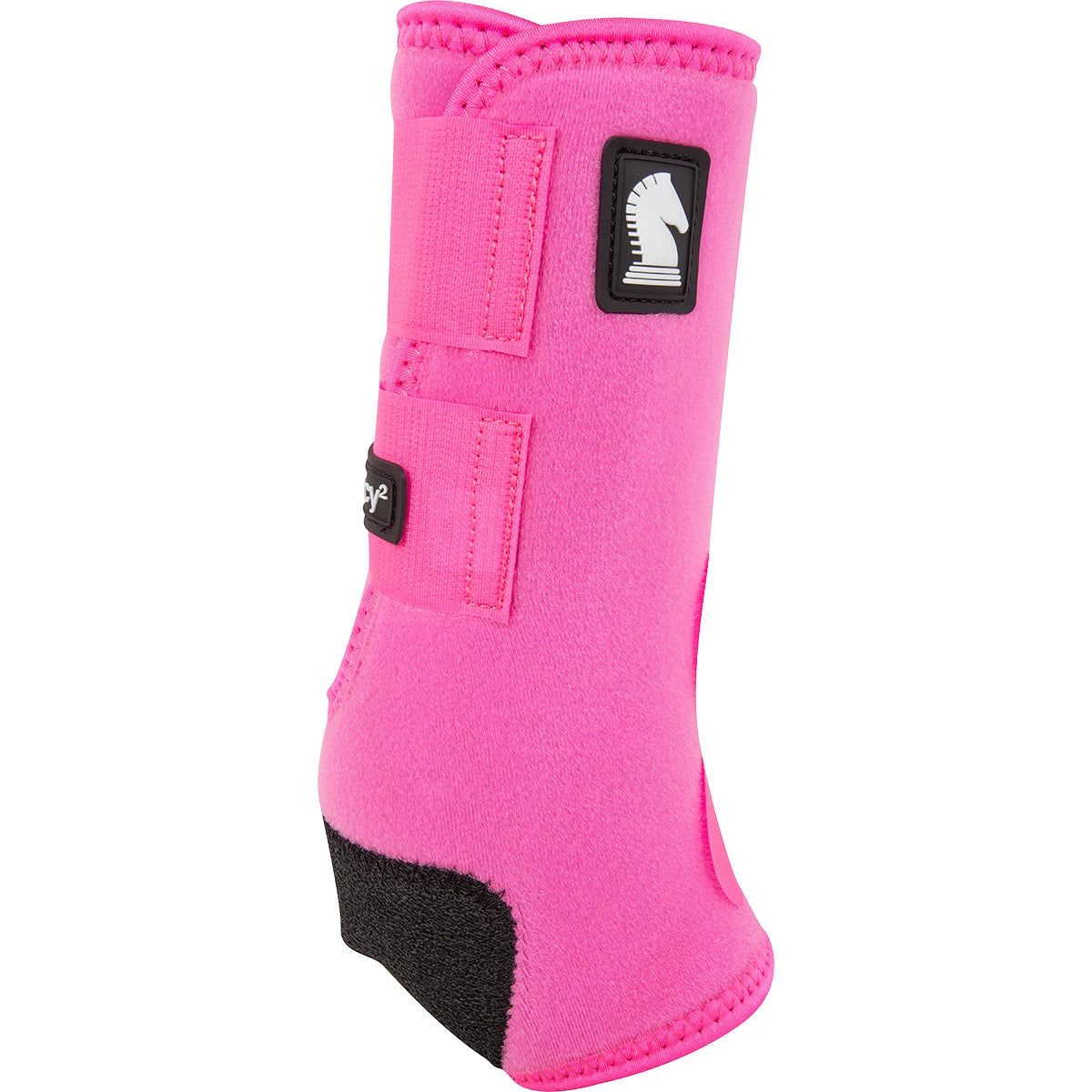 Classic Equine Legacy2 Hot Pink Front Support Boots. Pink protective boot for horses with a brand logo on a white background