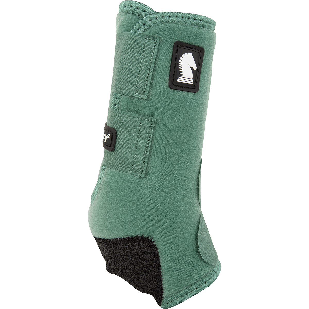 Classic Equine Legacy2 Front Boots. A spruce green Classic Equine Legacy2 front boot for horses, featuring a hook-and-loop closure and a protective pad over the tendon.