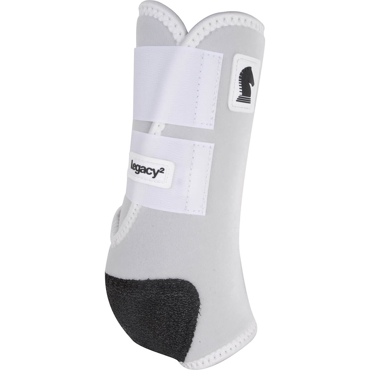 Classic Equine Legacy2 Front Boots. A white Classic Equine Legacy2 front boot for horses, featuring a hook-and-loop closure and a protective pad over the tendon.
