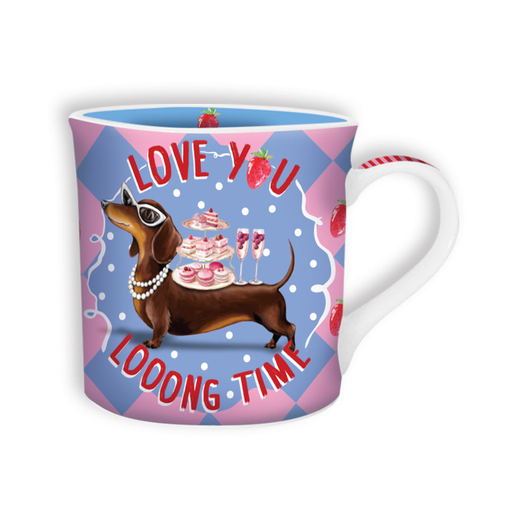 Mug with a dachshund design and text 'Love you looong time' on a white background