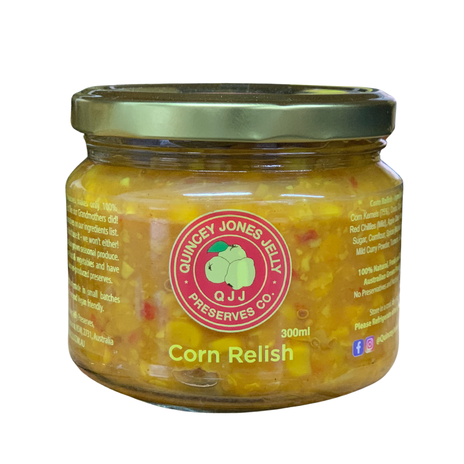 Quincey Jones 300ml Corn Relish. Jar of Corn Relish with Quincy Jones Jelly Preserve Co. label on a white background