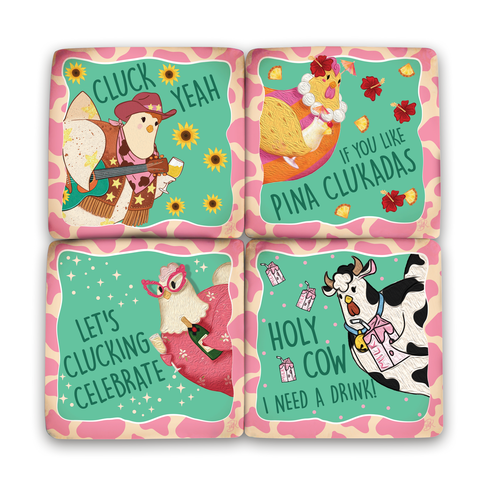 Set of four square coasters with a pink and beige cow-print border and turquoise centers, featuring humorous farm animal illustrations and text including 'CLUCK YEAH', 'IF YOU LIKE PINA CLUKADAS', 'LET'S CLUCKING CELEBRATE', and 'HOLY COW I NEED A DRINK!'.