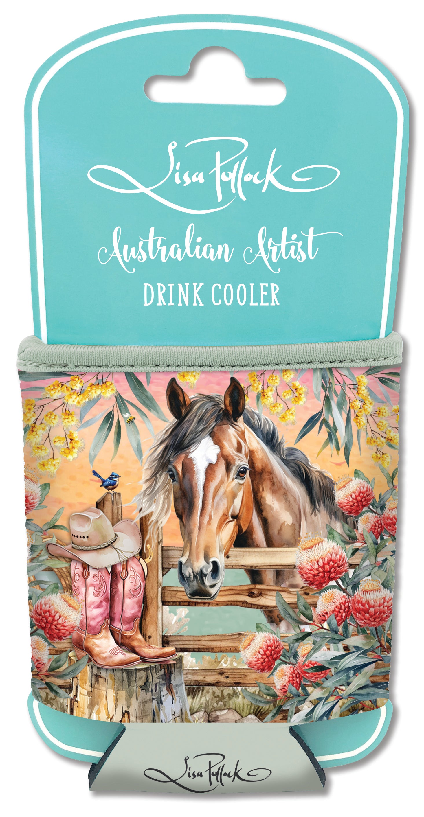 Lisa Pollock Country Dusk Can Cooler. Drink cooler with horse design and 'Lizzy Hoffock' branding on a white background