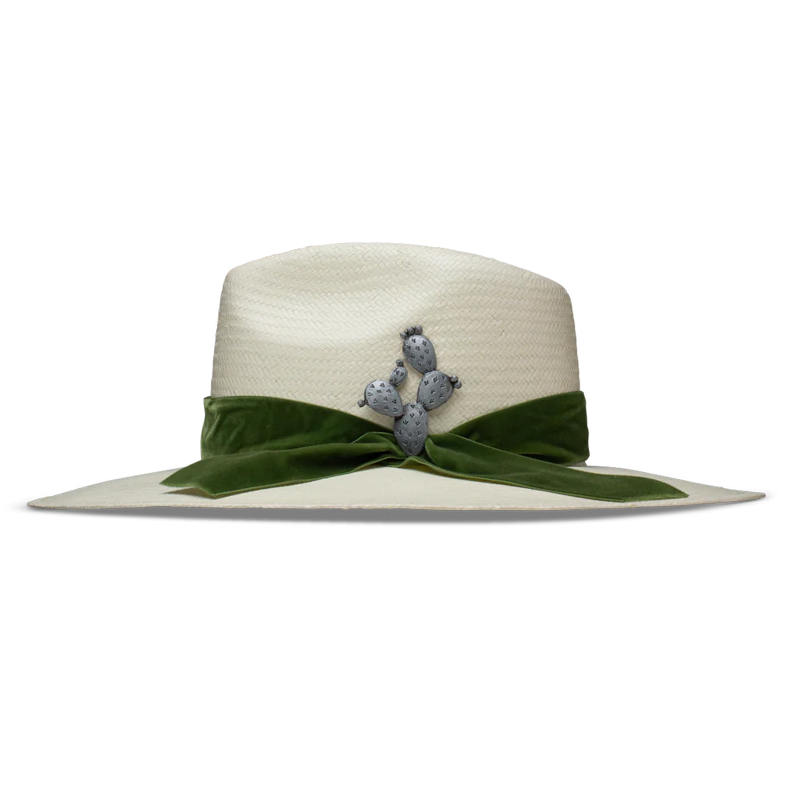 Charlie 1 Horse Hard To Handle Straw Cowboy Hat. A beige cowboy hat with an olive-green velvet ribbon and a cactus concho pin, featuring the 'Charlie 1 Horse' brand logo on the crown.