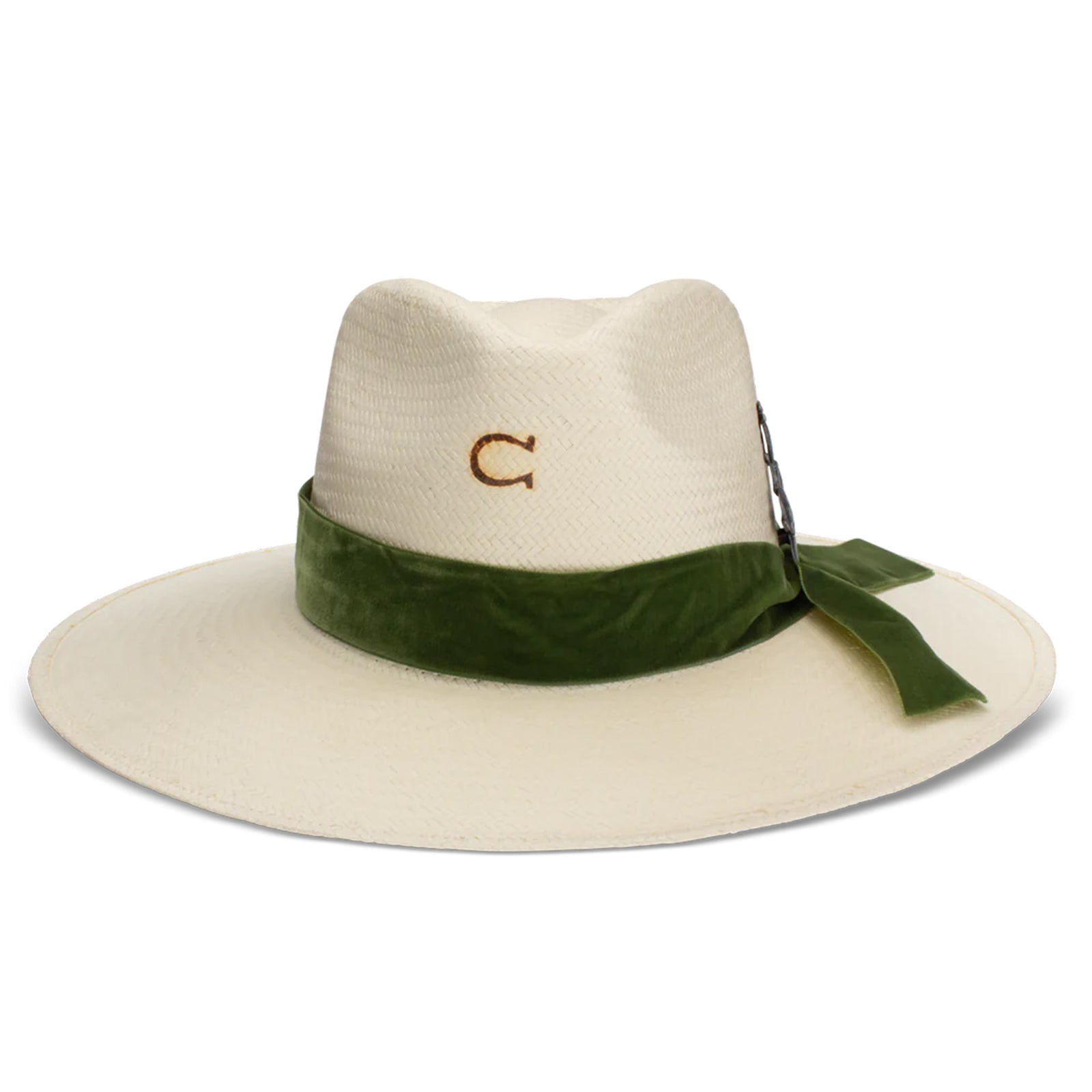 Charlie 1 Horse Hard To Handle Straw Cowboy Hat. A beige cowboy hat with an olive-green velvet ribbon and a cactus concho pin, featuring the 'Charlie 1 Horse' brand logo on the crown.