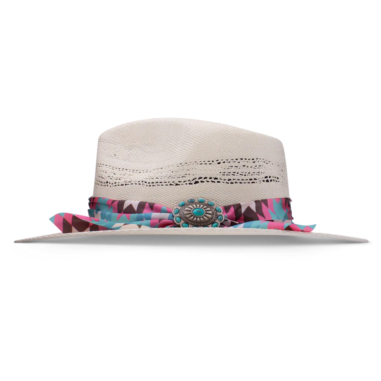 Charlie 1 Horse Hissy Fit Straw Cowboy Hat. A woman's beige straw cowboy hat with a multicolored fabric hatband featuring a floral pattern and a silver concho with turquoise detail.