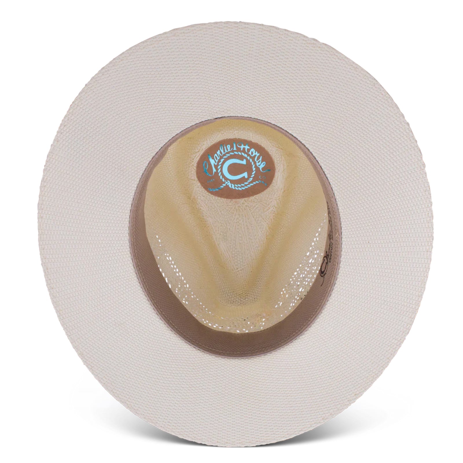 Charlie 1 Horse Hissy Fit Straw Cowboy Hat. A woman's beige straw cowboy hat with a multicolored fabric hatband featuring a floral pattern and a silver concho with turquoise detail.