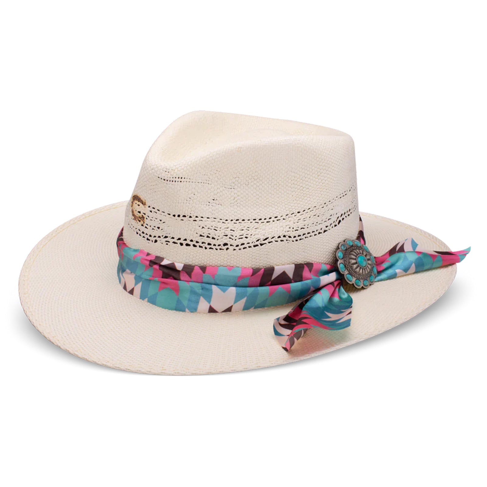 Charlie 1 Horse Hissy Fit Straw Cowboy Hat. A woman's beige straw cowboy hat with a multicolored fabric hatband featuring a floral pattern and a silver concho with turquoise detail.