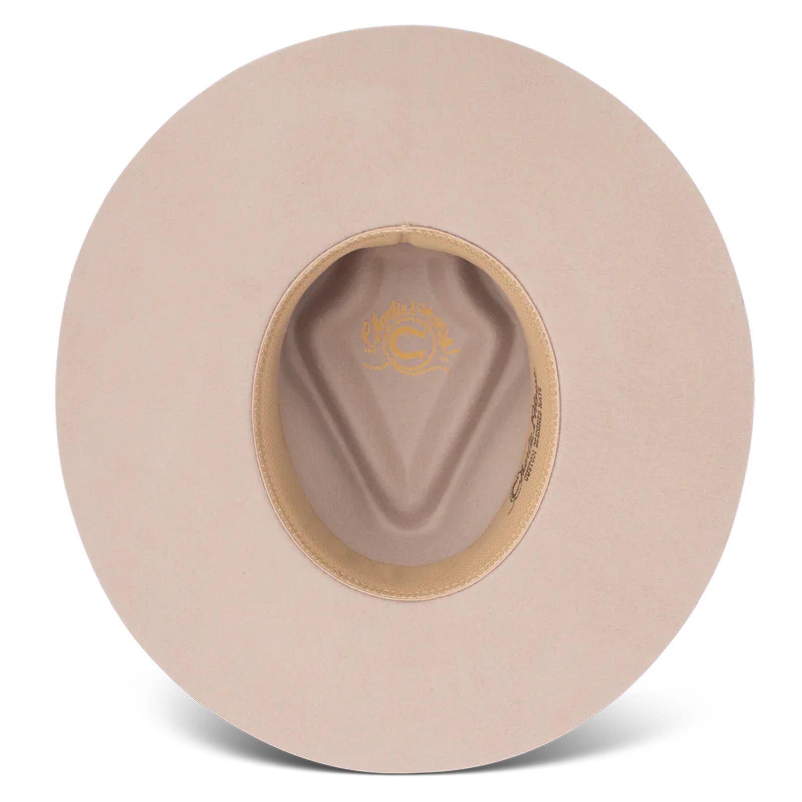 Charlie One Horse Spear Point Felt Cowboy Hat. Beige hat with a brand logo on a white background