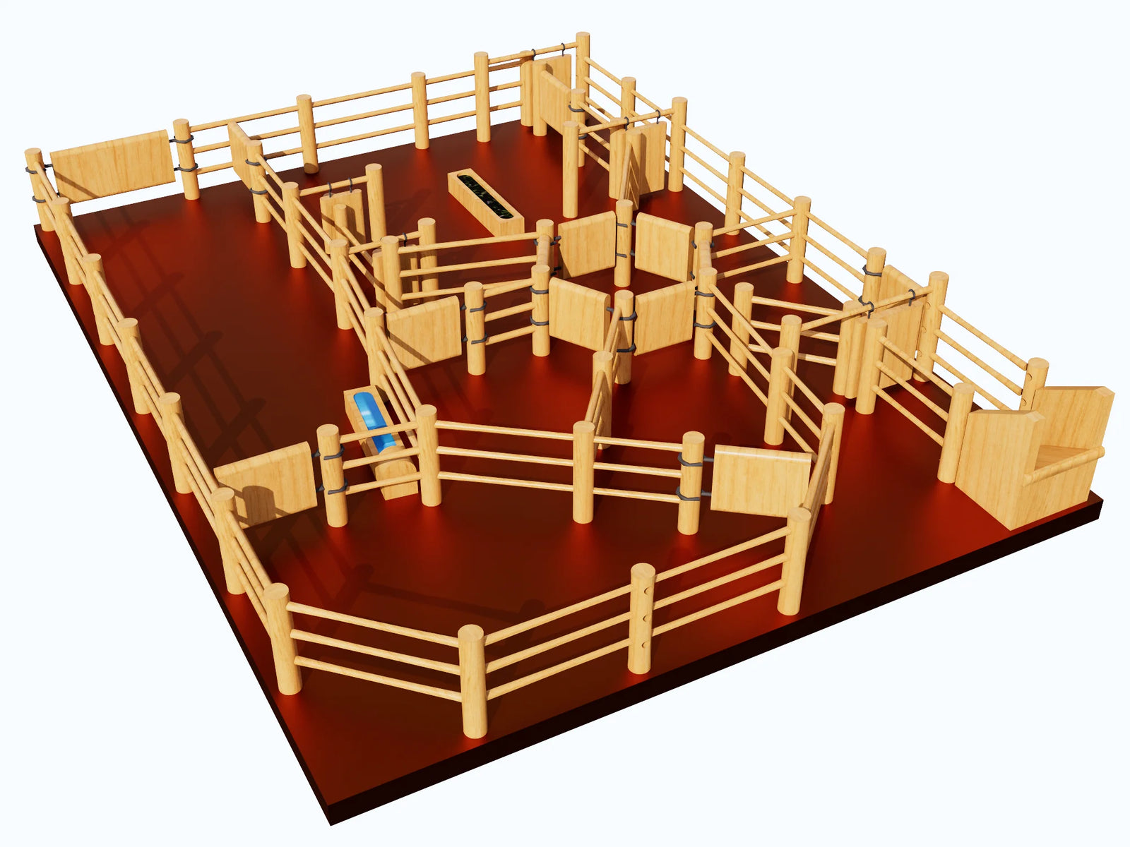 Country Toys CY8 Wooden Station Cattle Yard. Handmade wooden toy cattle yard with multiple gates, feed trough, water trough, and a metal branding cradle, displayed on a red surface.
