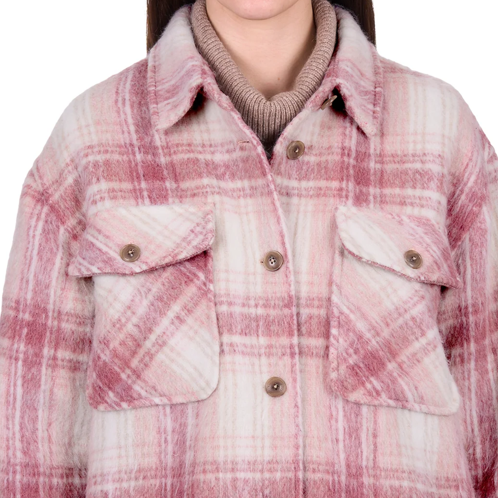 Close-up of a pink and white plaid jacket with button details on a white background