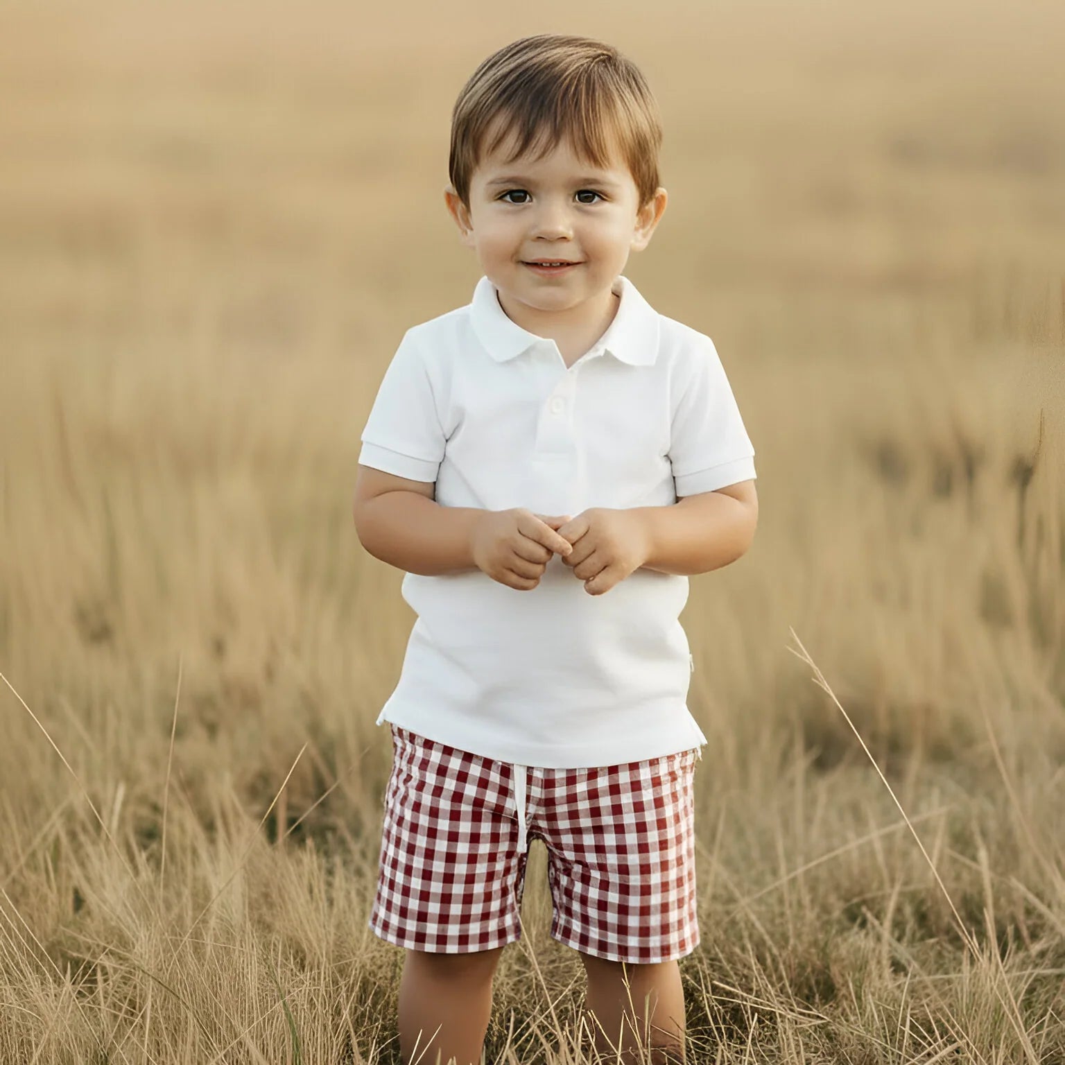 A young toddler boy standing in a field of dry golden grass, wearing a white short-sleeve polo shirt and red-and-white gingham shorts.