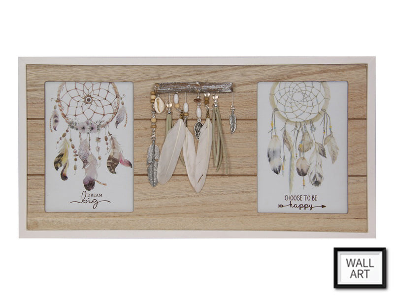 Twin Dreamcatcher Framed Print. A framed print featuring two dreamcatcher designs with decorative elements, intended for wall art.