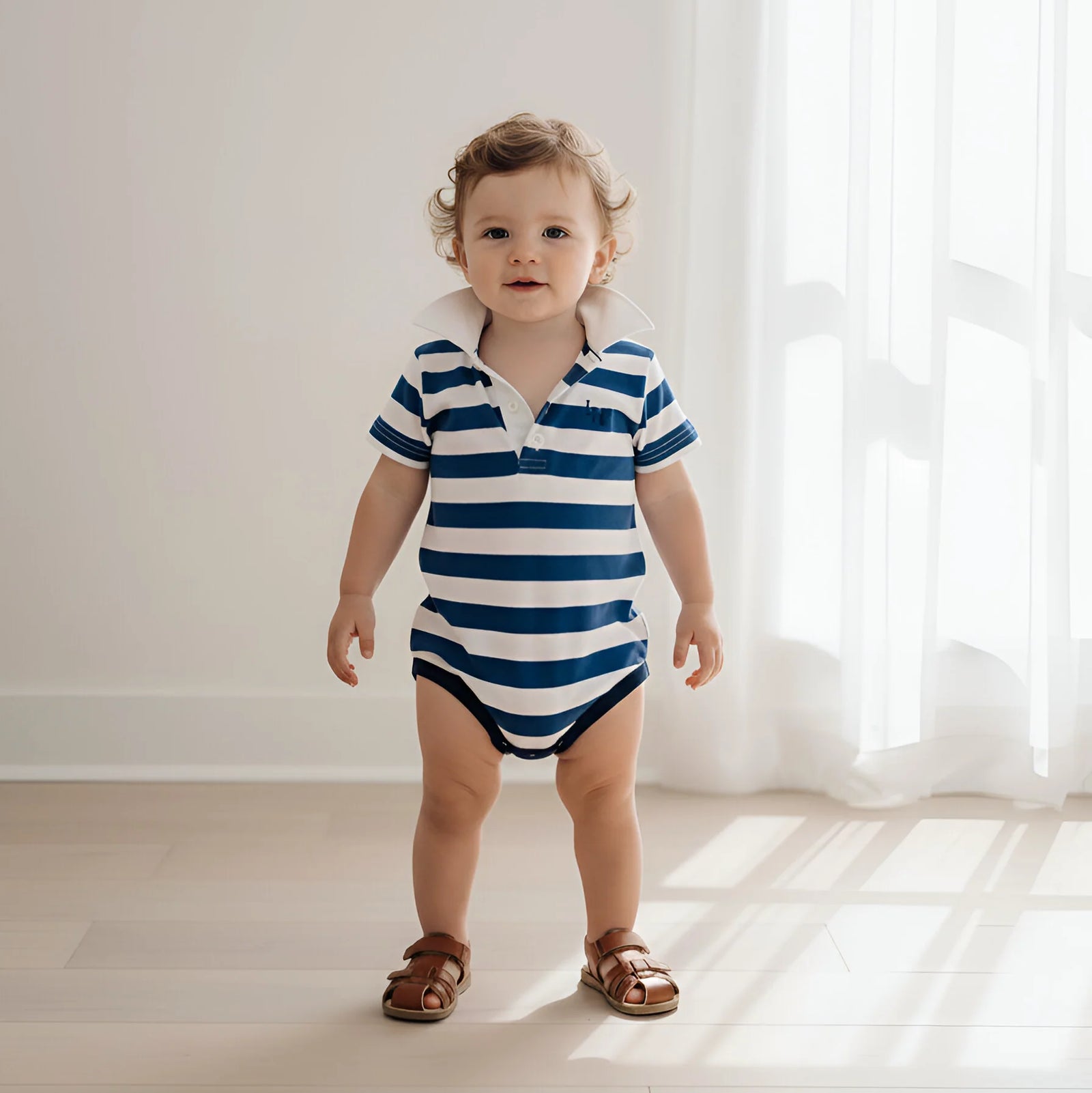 A toddler stands indoors wearing a short-sleeve polo-style one-piece with navy and white horizontal stripes, a white collar, and brown sandals. The room has a light neutral wall, pale wood floor, and sheer white curtains with bright natural light.