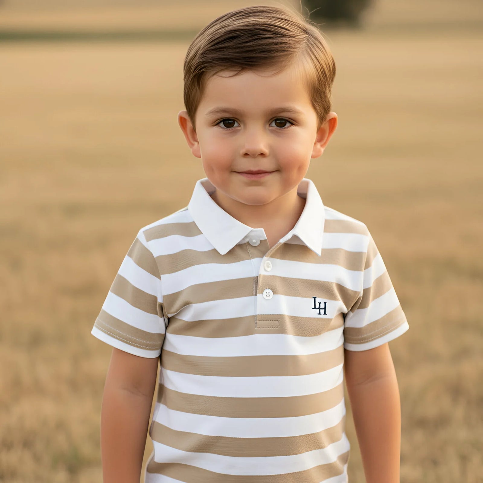 A young boy wearing a beige and white horizontally striped polo shirt with a white collar and a small embroidered 'LH' logo on the chest, standing in a blurred golden field.