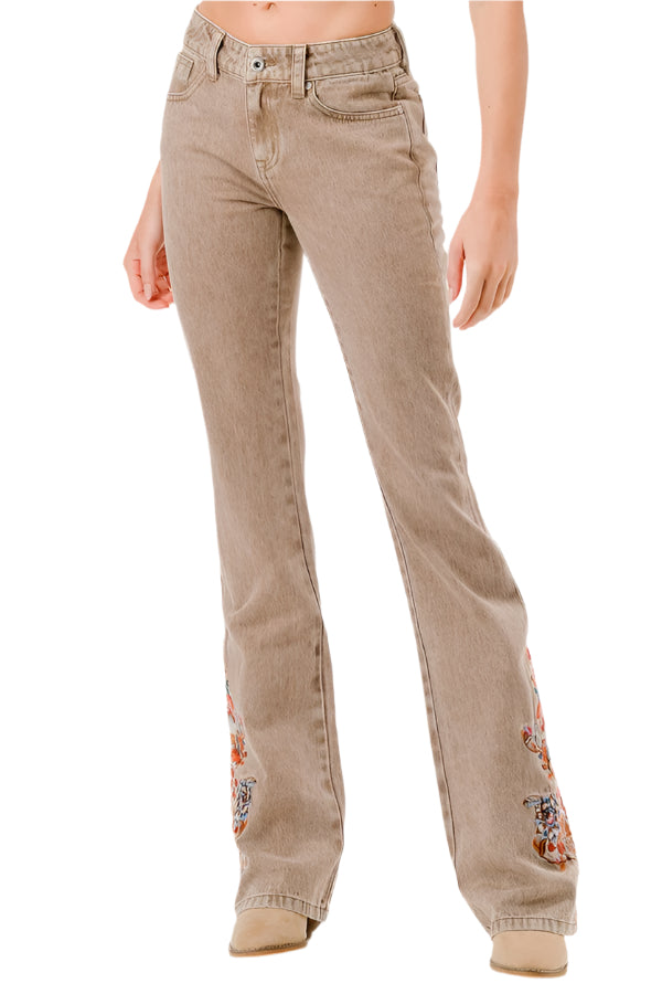 Grace In LA Women's Easy Fit Trouser. Beige jeans with floral embroidery on a white background