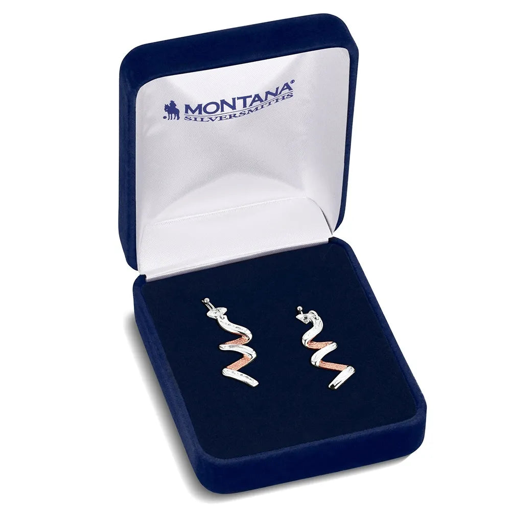Pair of silver snake-shaped earrings in a Montana Silversmiths box.