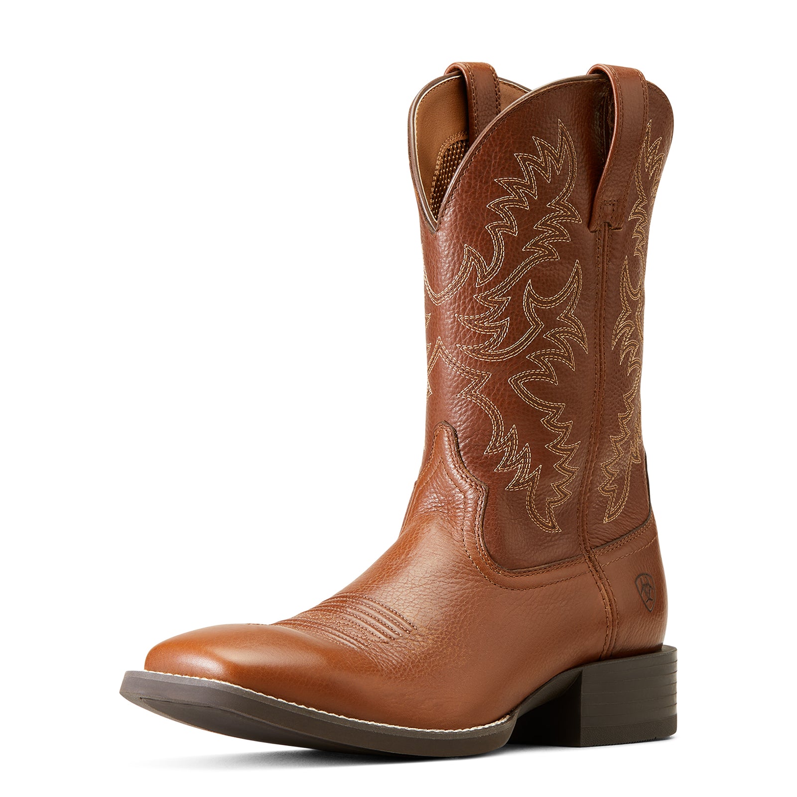 Ariat Men's Sport Latigo Western Boot. Brown cowboy boot with intricate stitching on a white background