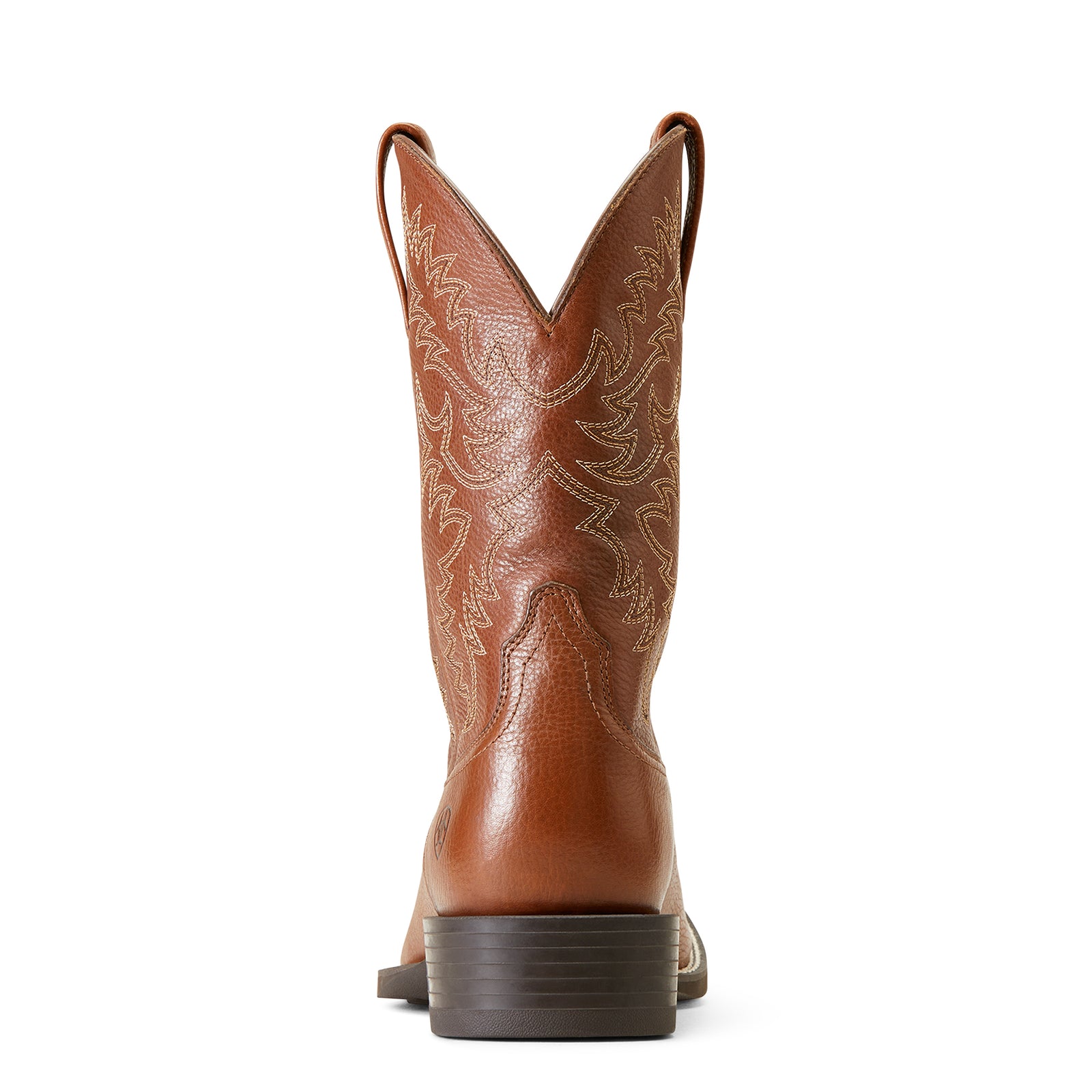 Brown cowboy boot with intricate stitching on a white background.