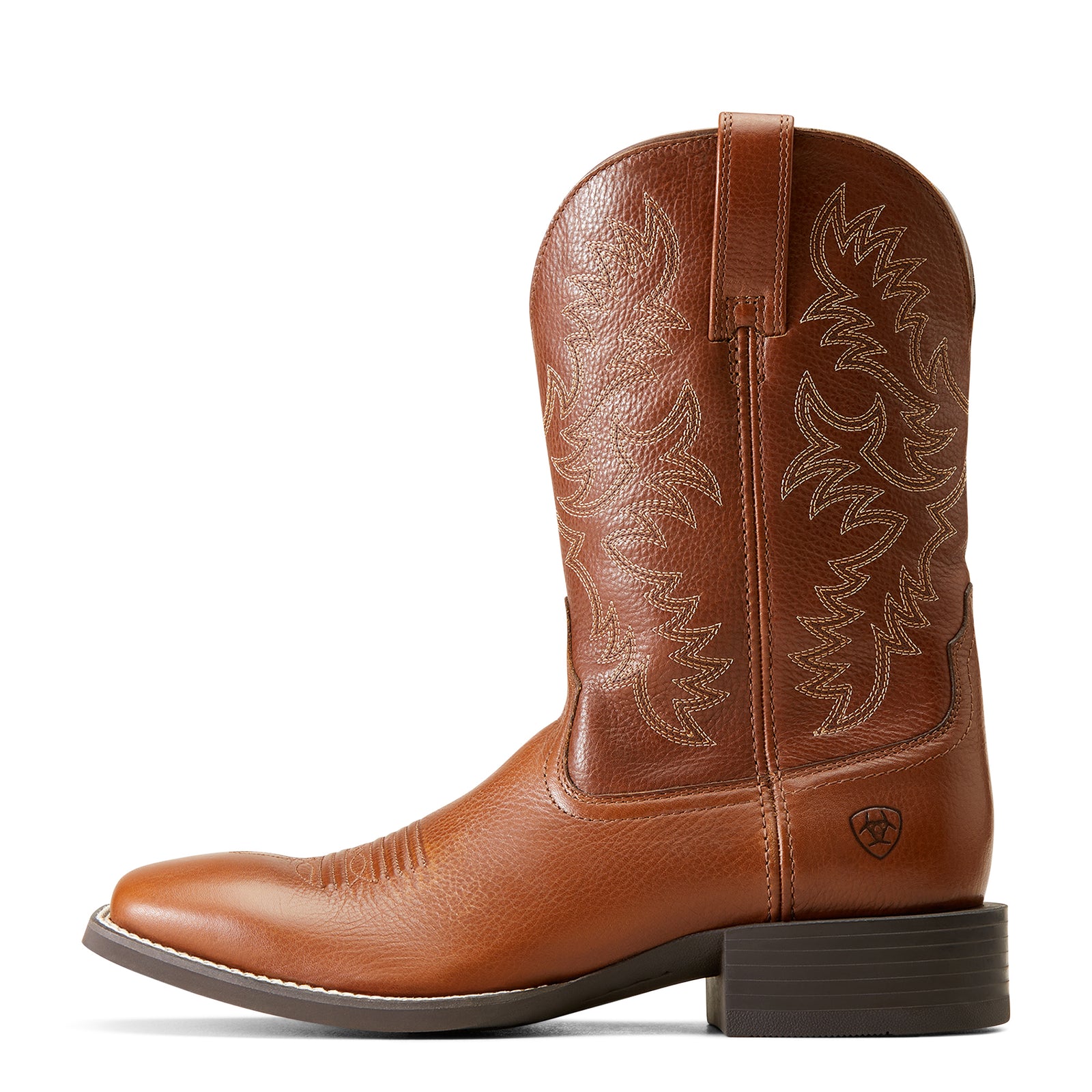 Ariat Men's Sport Latigo Western Boot. Brown cowboy boot with intricate embossing on a white background