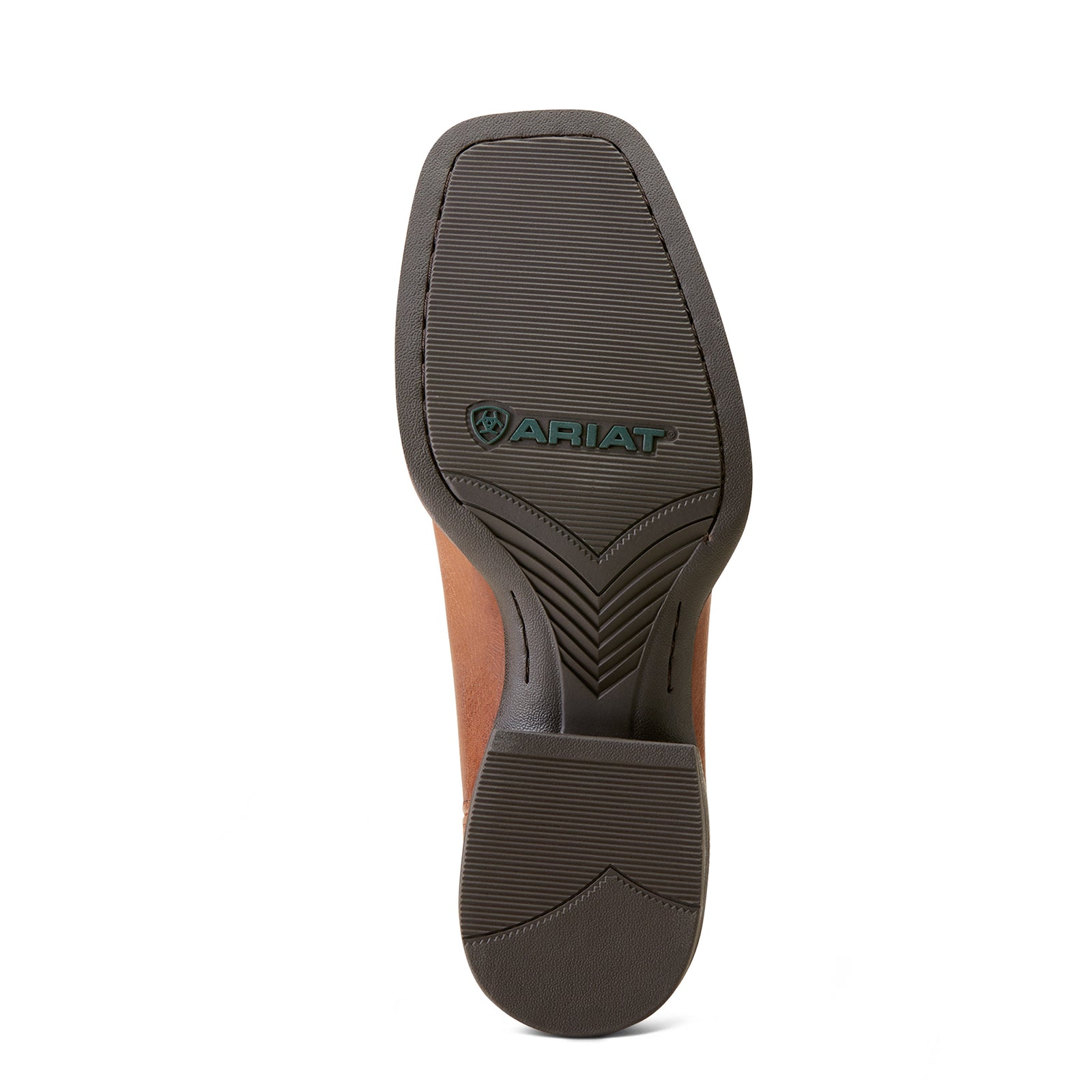 Ariat Men's Sport Latigo Western Boot. Close-up of a boot sole with Ariat logo on a white background