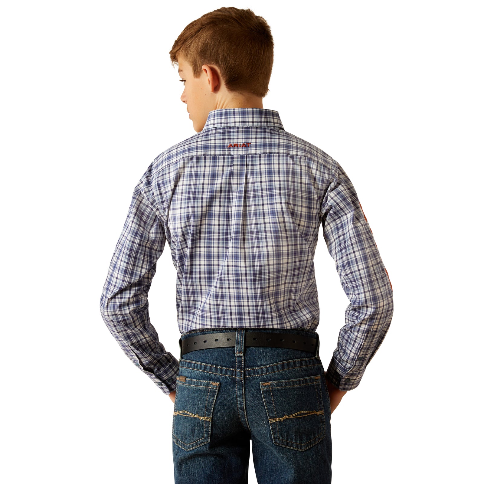 Ariat Boy's Pro Series Team Orion L/S Western Shirt. A boy is shown from the back wearing a long-sleeved plaid Western shirt in blue and white tones, paired with blue jeans.