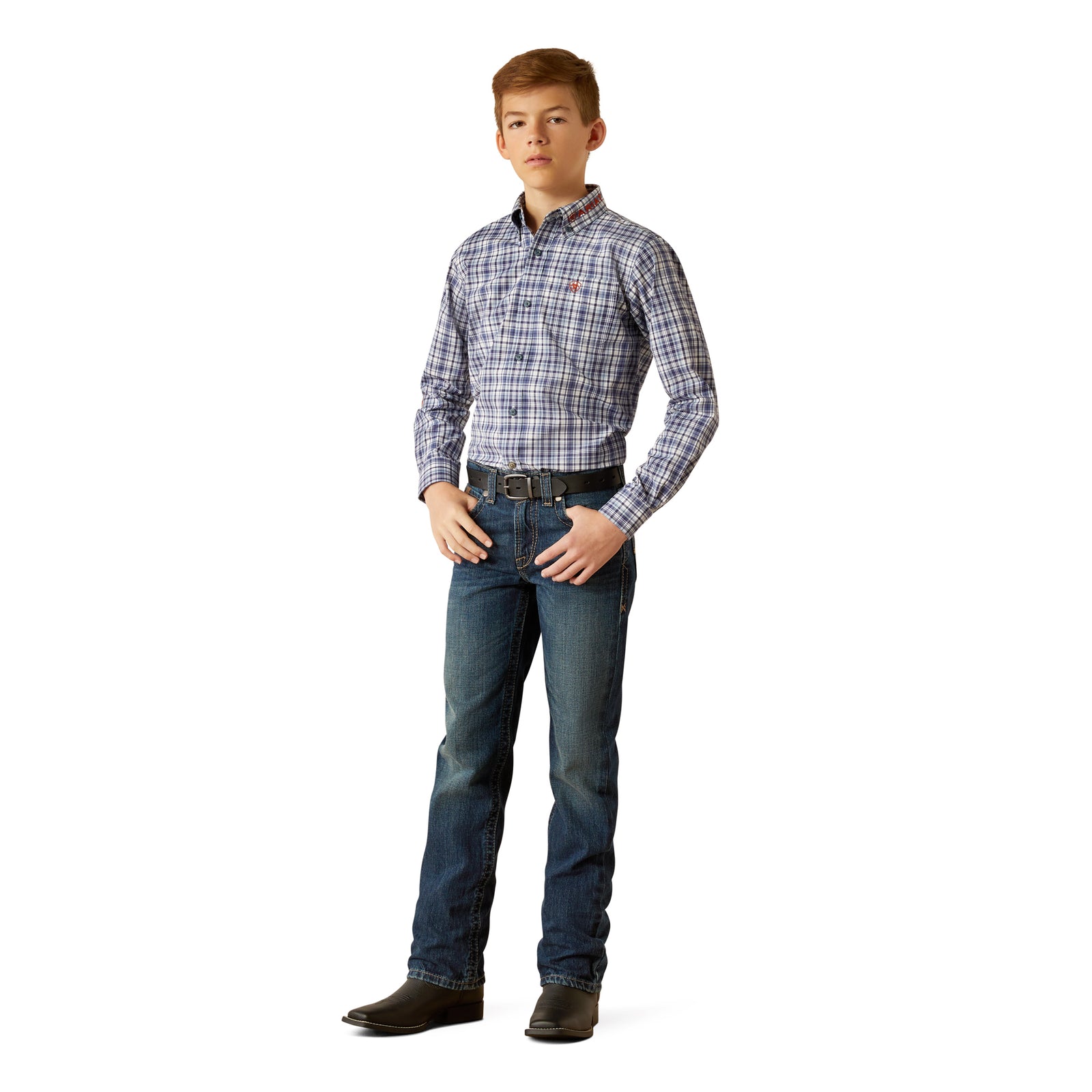 Ariat Boy's Pro Series Team Orion L/S Western Shirt. Person wearing a plaid shirt and jeans on a white background