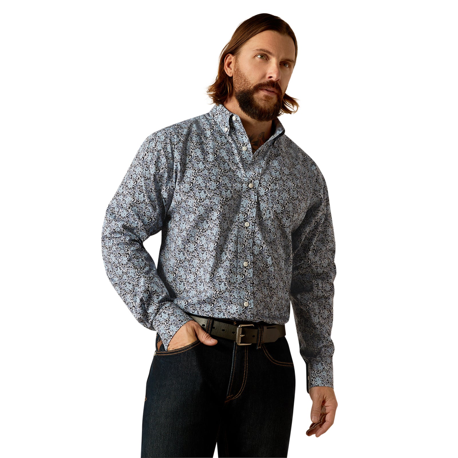 Ariat Men's Link Wrinkle Free L/S Western Shirt. A man wearing a long-sleeved Ariat Western shirt with a geometric pattern, button-up collar, and buttoned front.