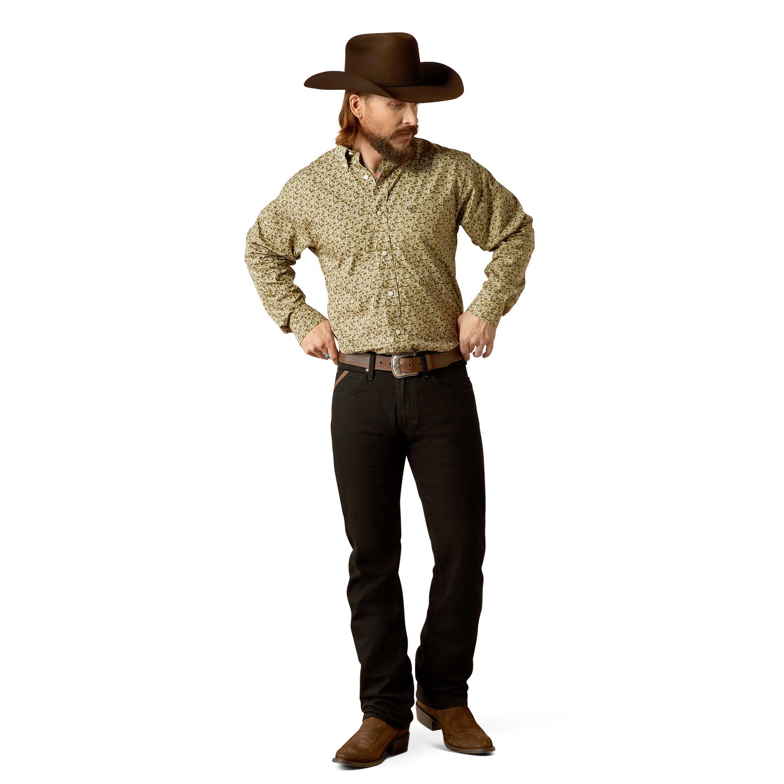 Ariat Men's Wrinkle Free Filmore L/S Western Shirt. Man in cowboy hat and Western attire on a white background